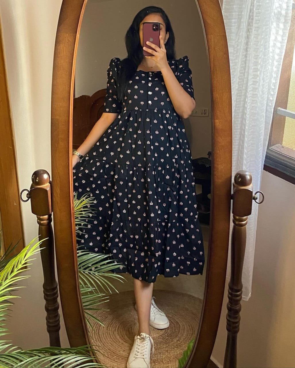 Black Lotus Print Pure Cotton Midi Gown